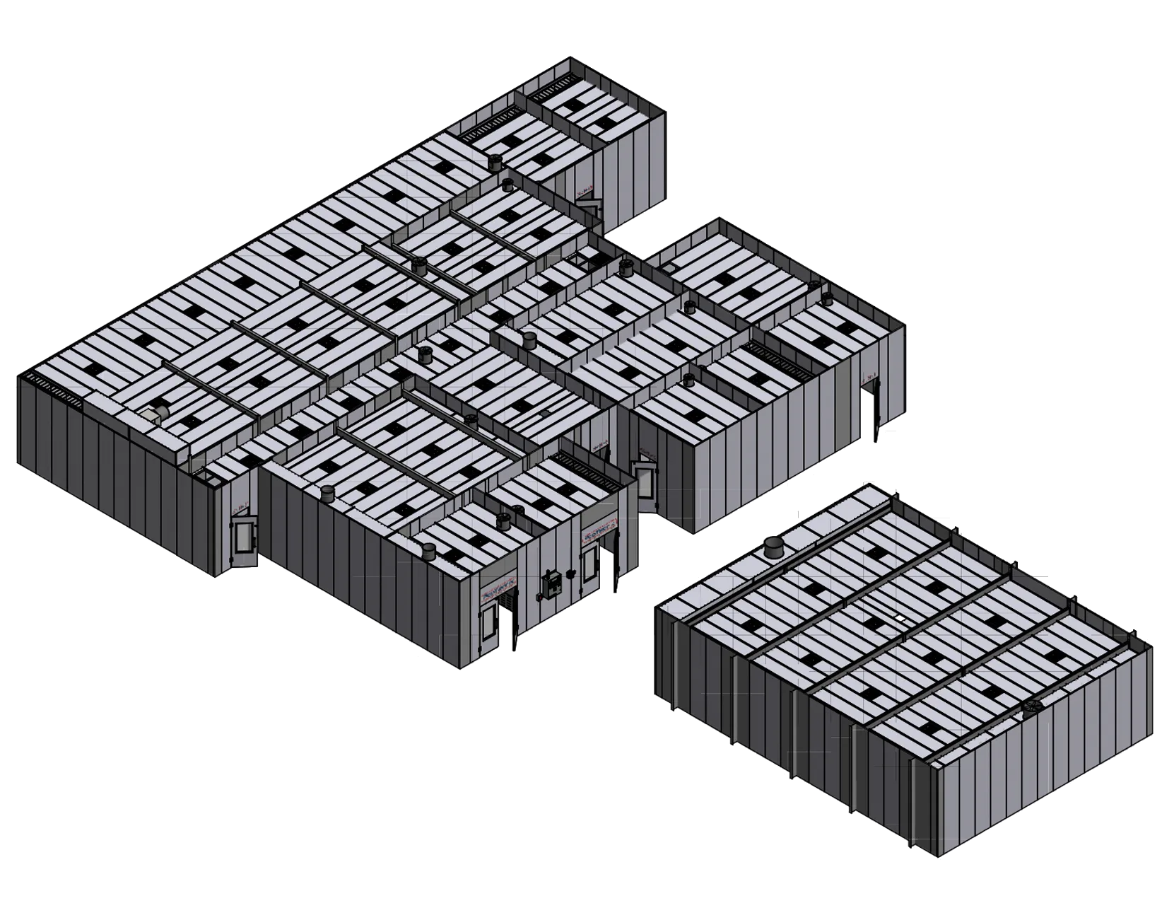Clean Room Extraction Podtronix 3D model of large multi-building extraction facility layout