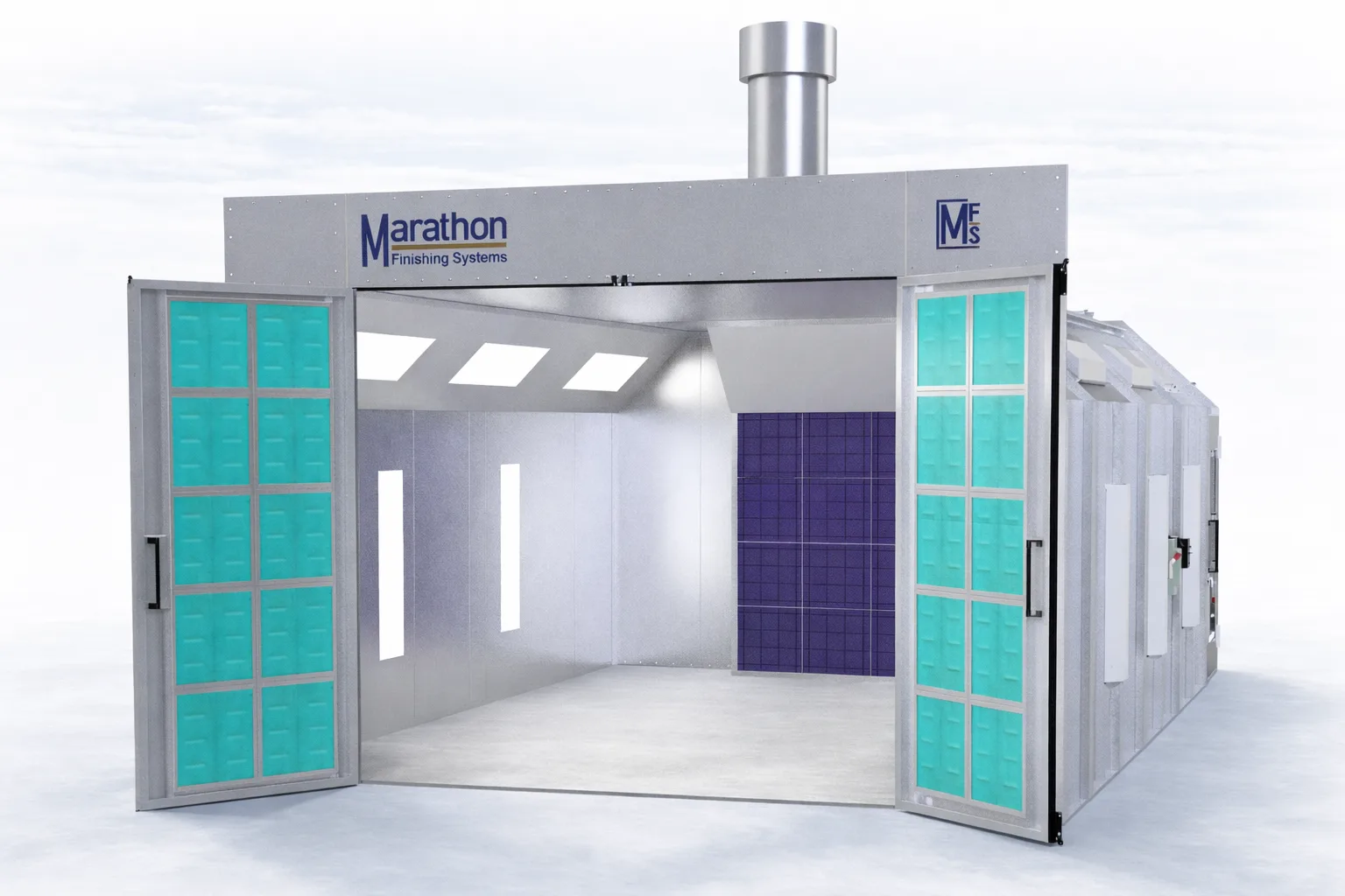 Powdercoat Booth Track Marathon powder coating booth with large green filter doors ...